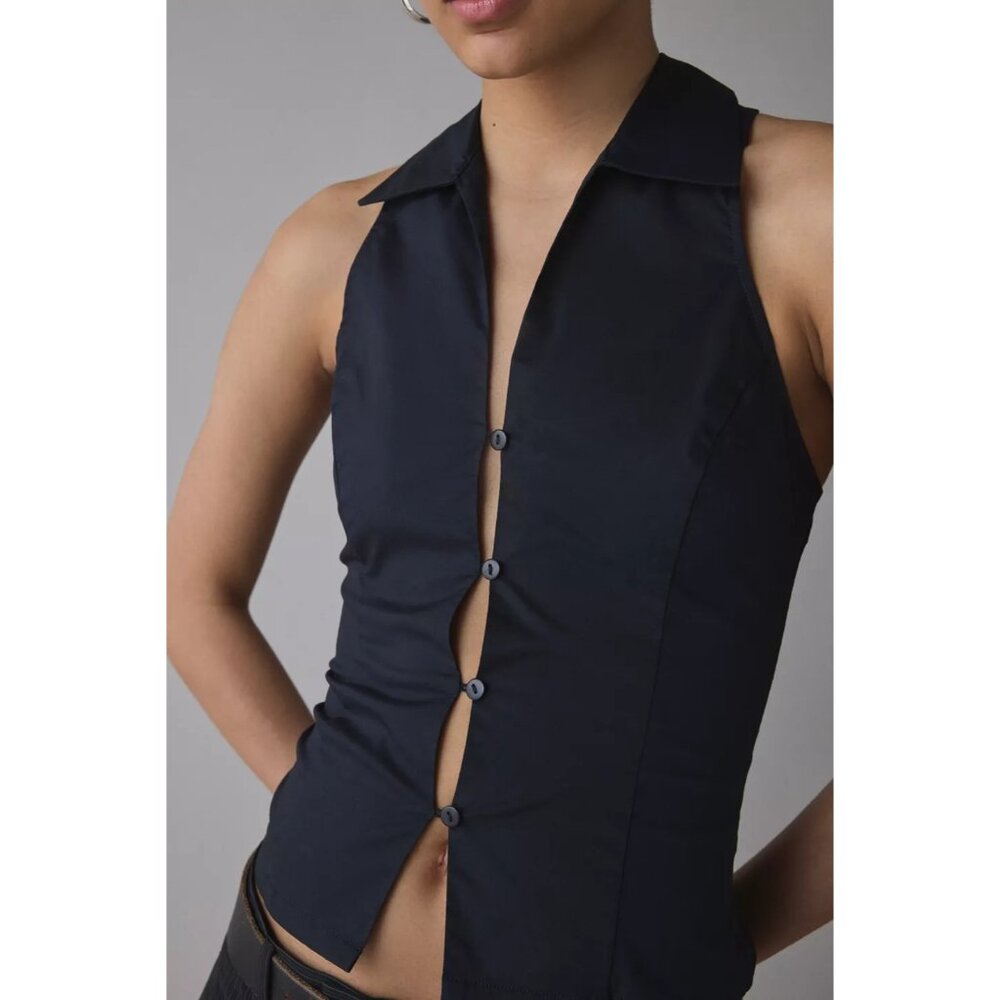 UO Party Girl Cotton-Blend Button Down Sleeveless Shirt Women's Small Jet Black - Picture 11 of 16